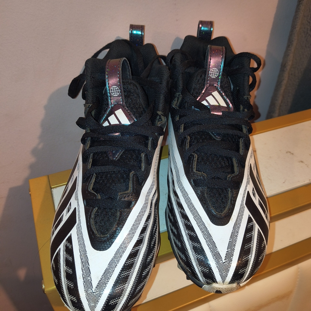 adidas Youth Black and White Cleat Sneakers with Iridescent Details